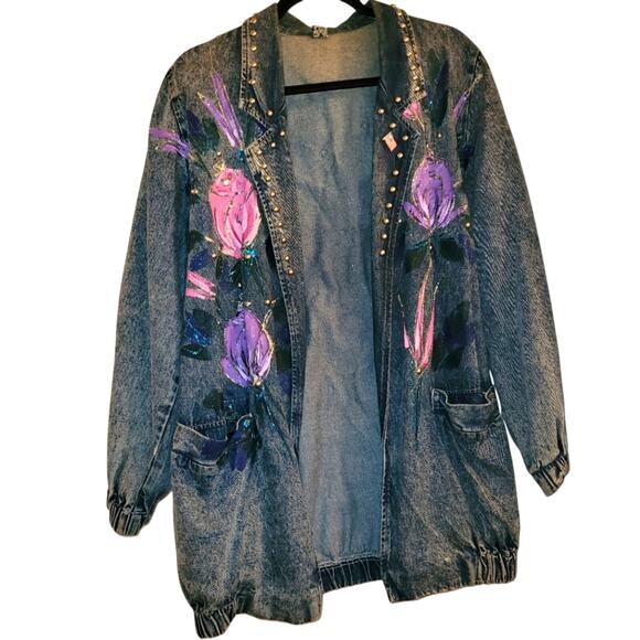 Vtg 80s Acid Washed Floral Embellished Denim Jacket Shoulder Pads S USA Made - Picture 1 of 9